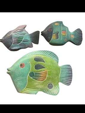 Decorative Green Wooden Fish Wall Accents - Set of 3
